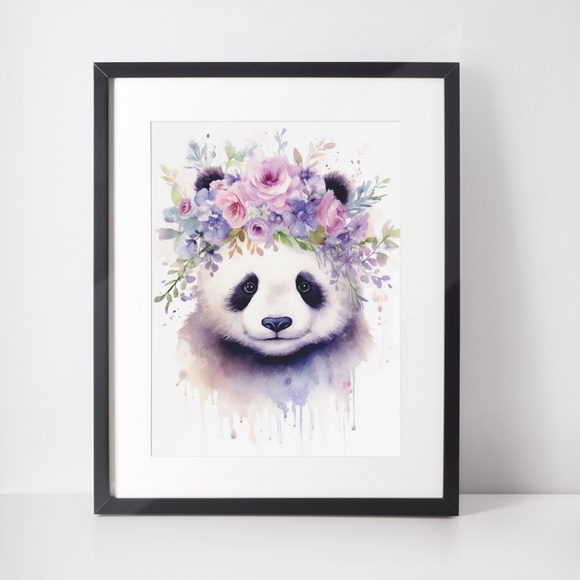 Watercolor Panda Bear With Flowers Portrait Wall Art Illustration Print Unframed - Picture 2 of 6